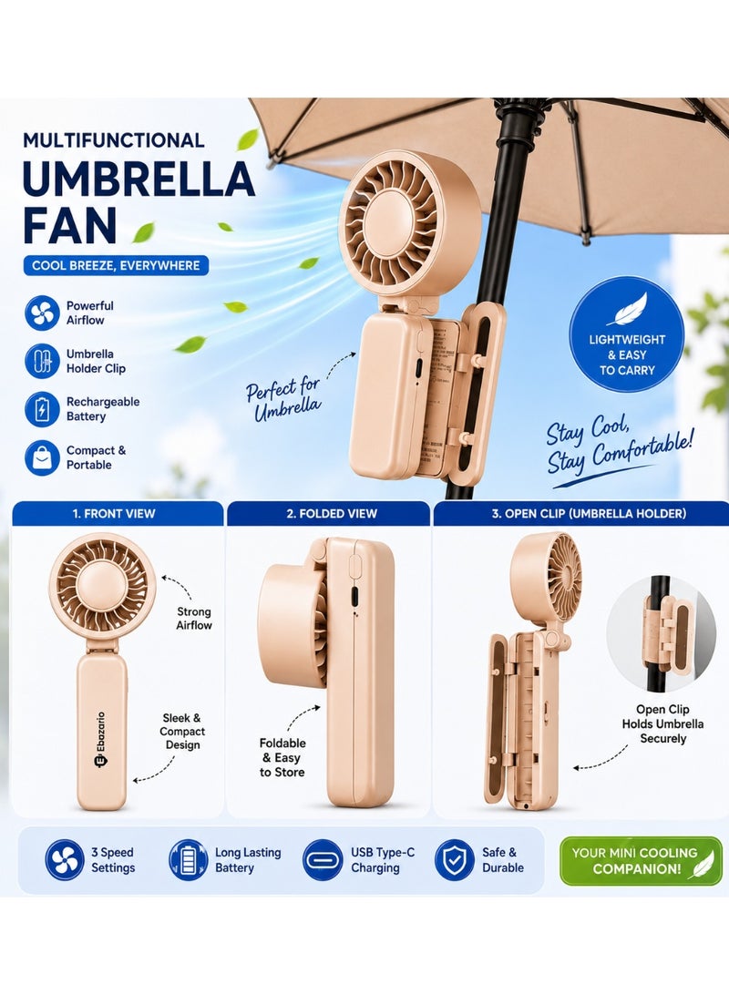 Ebazario Portable Clip-On Umbrella Fan Rechargeable Mini USB Cooling Fan Foldable Hands-Free Personal Fan for Umbrella, Stroller, Camping, Outdoor Travel, Beach & Sports - Image 3