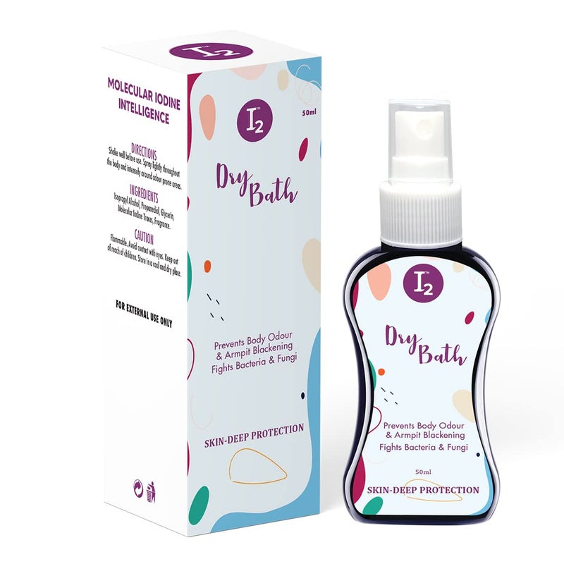 I2cure I2 Dry Bath for Instant Freshness Powered by Molecular Iodine Waterless Bathing Solution Feel Fresh Non-irritant Non-staining Fights Bacterial Armpit Blackening for Men & Women 50ml - Pack of 2 - Image 2