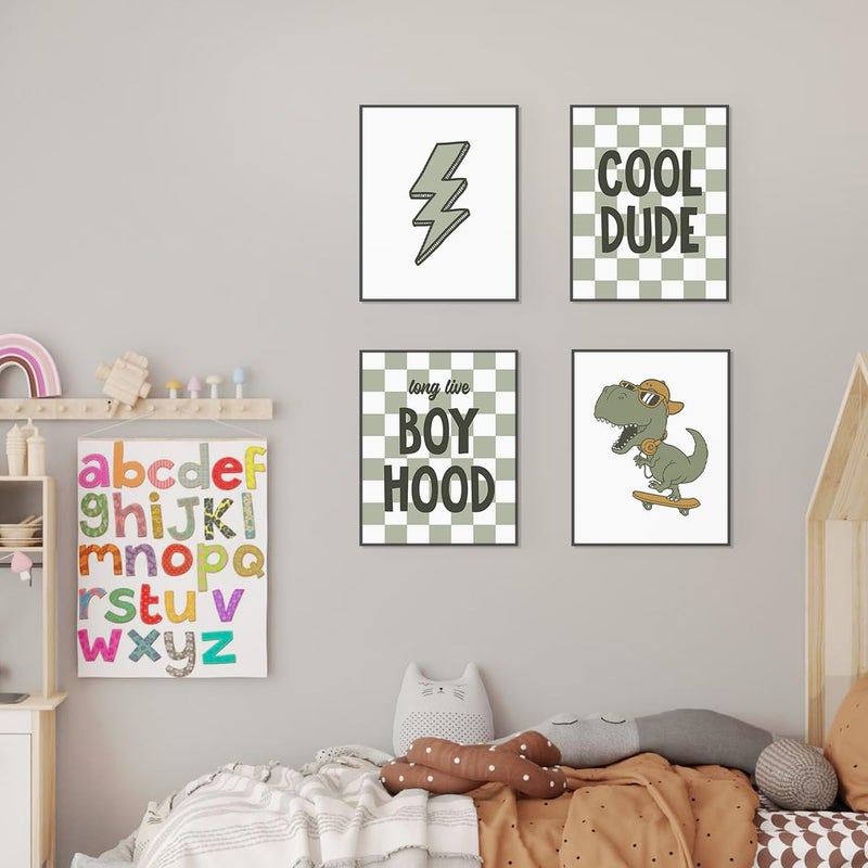 PLKMN Dinosaur Room Decor for Boys Long Live Boyhood Wall Art Prints Preppy Posters Lightning Sign Poster Prints for Boys Teen Bedroom Playroom Dorm Decor 8x10 Inch Set of 4 Unframed - Image 1