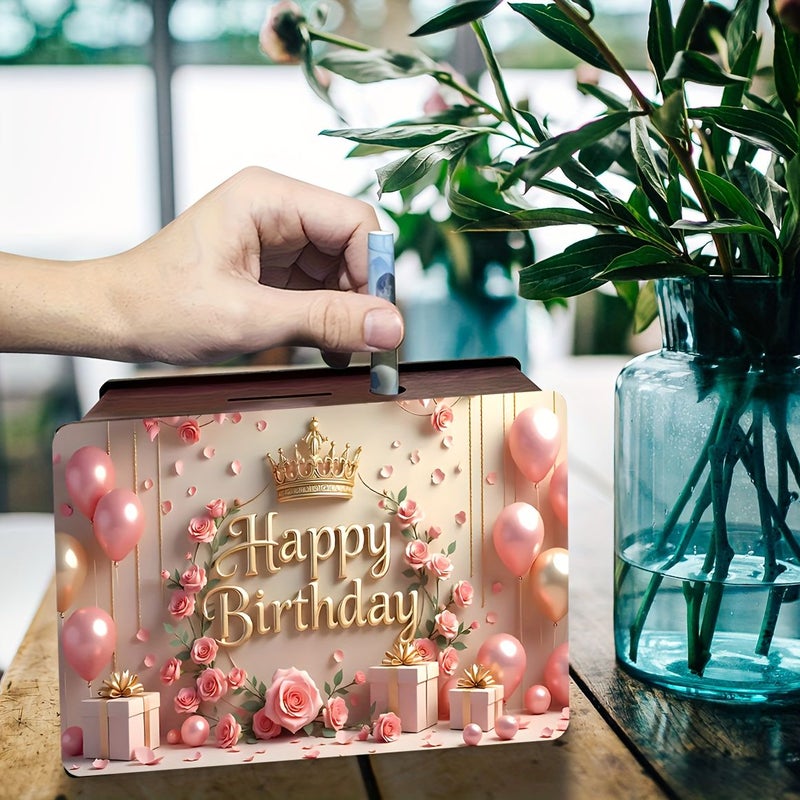 Pink Balloon Gift Piggy Bank Acrylic Wooden Money Box For Birthday Party Home Office Decoration - Image 2