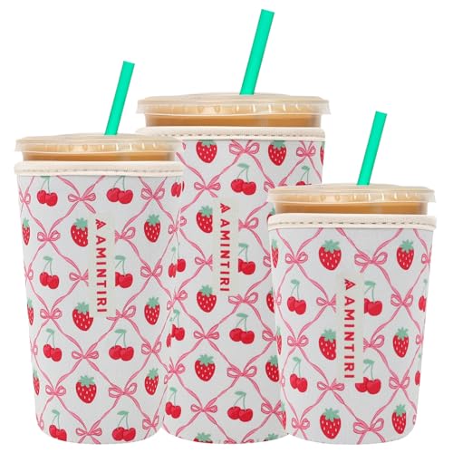 Amintiri 3 Pack Reusable Neoprene Sleeve for Iced & Hot Drinks, Compatible with Starbucks, Dunkin' Coffee Cup (Cherry & Strawberry) - Image 1