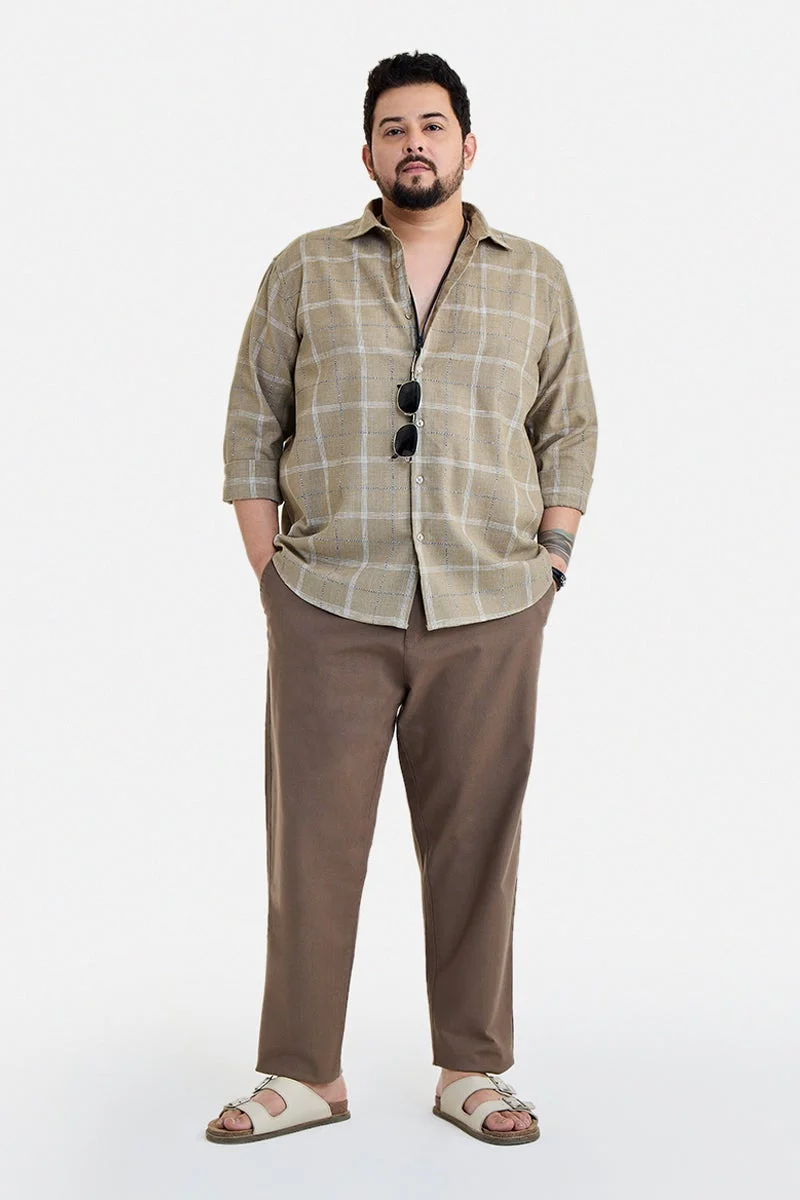سنيتش Khaki Checkered Long Sleeve Regular Fit Plus Size Shirt