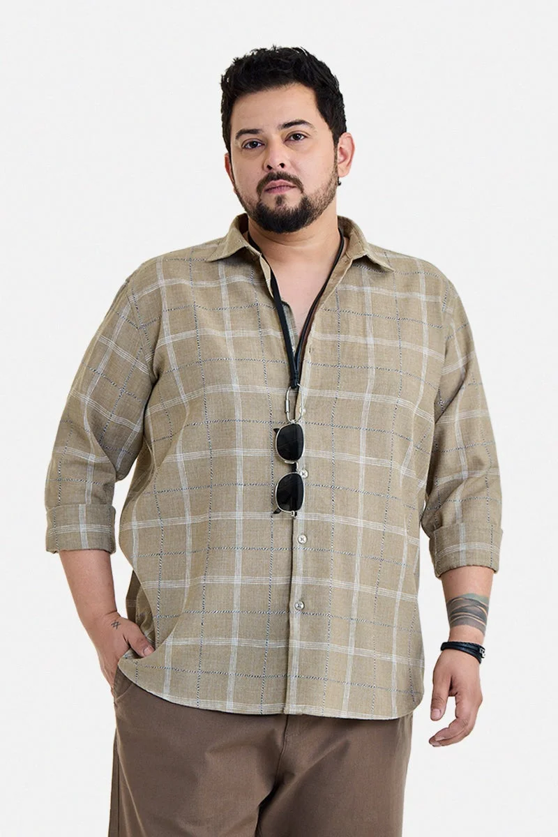 سنيتش Khaki Checkered Long Sleeve Regular Fit Plus Size Shirt