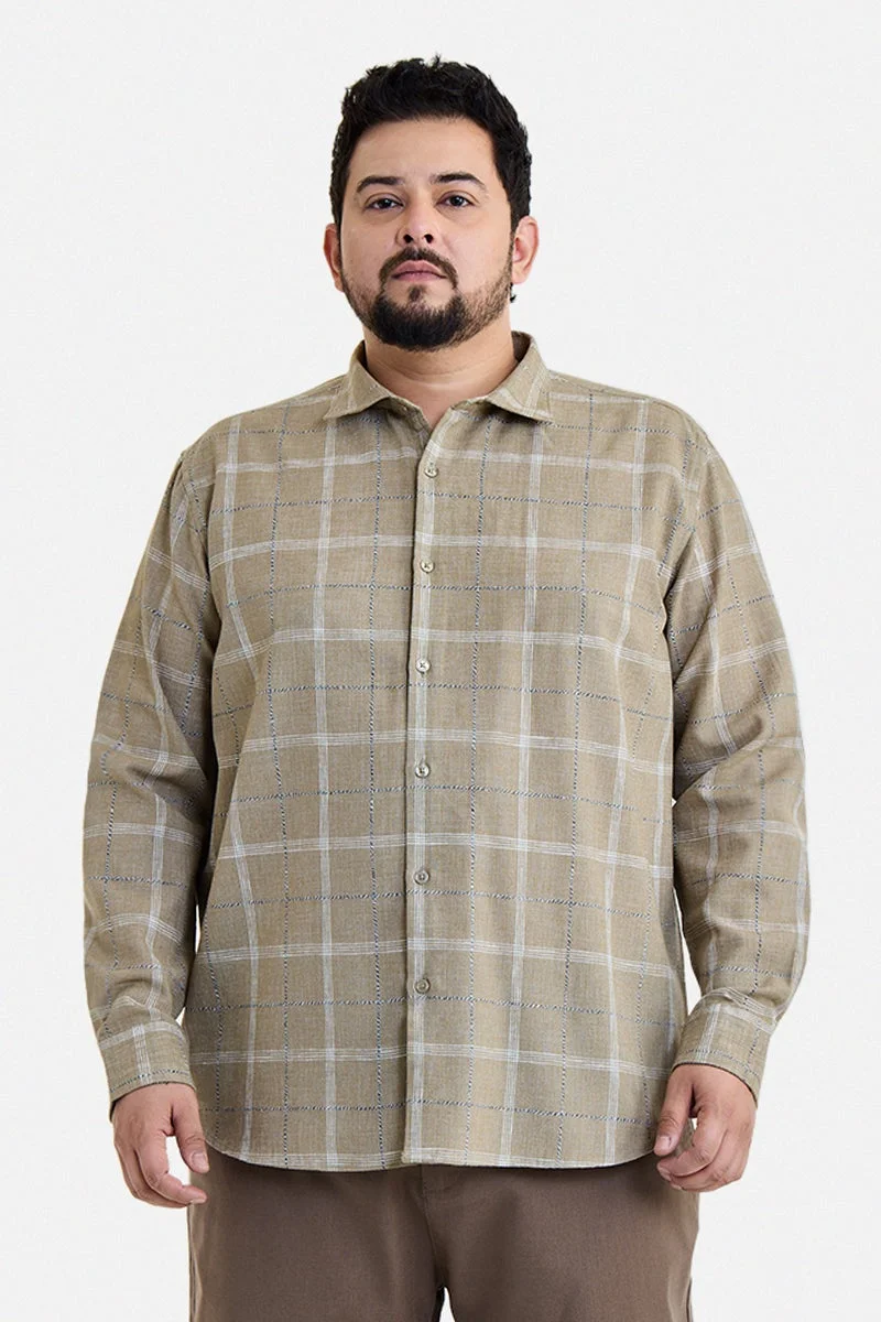 سنيتش Khaki Checkered Long Sleeve Regular Fit Plus Size Shirt