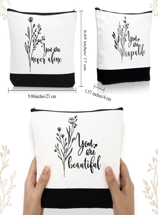 كوم مجموعة من 10 حقائب مكياج قماشية مزينة بزخارف زهور بوهيمية من كوم، باللونين الأسود والأبيض، بتصميمات جمالية ملهمة وعبارات تحفيزية، مزودة بسحاب، مثالية للسفر، حقيبة أدوات تجميل، هدية رائعة للنساء، المعلمات، أو الصديقات في أعياد الميلاد. - Image 2