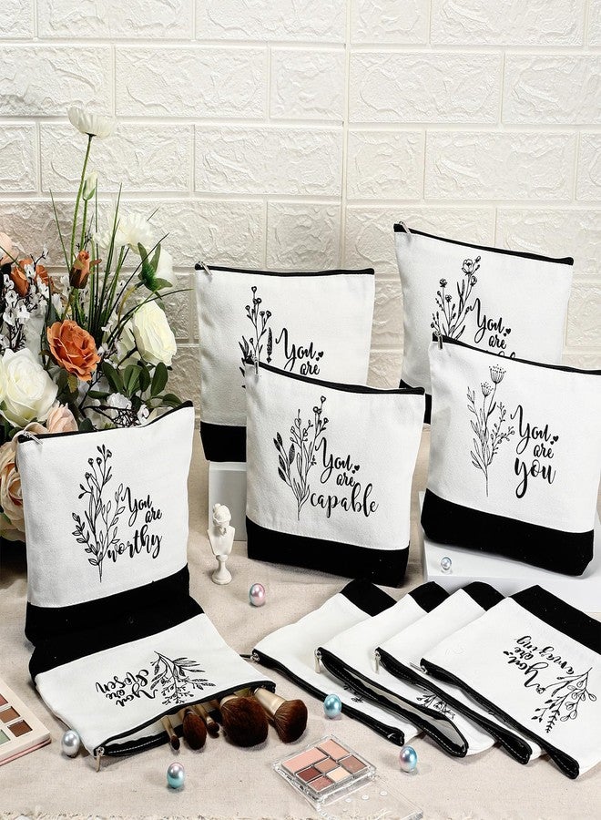 كوم مجموعة من 10 حقائب مكياج قماشية مزينة بزخارف زهور بوهيمية من كوم، باللونين الأسود والأبيض، بتصميمات جمالية ملهمة وعبارات تحفيزية، مزودة بسحاب، مثالية للسفر، حقيبة أدوات تجميل، هدية رائعة للنساء، المعلمات، أو الصديقات في أعياد الميلاد. - Image 4
