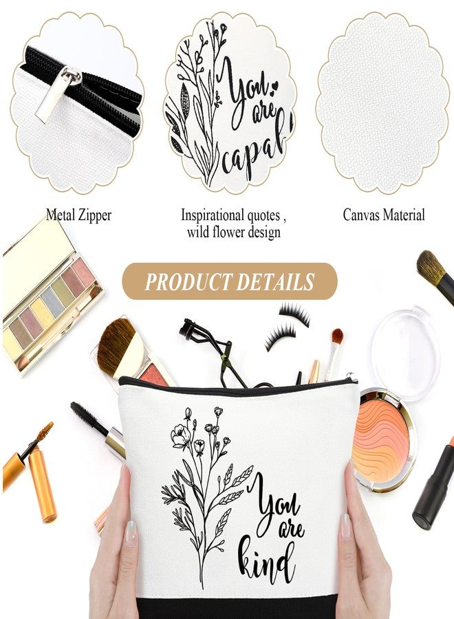 كوم مجموعة من 10 حقائب مكياج قماشية مزينة بزخارف زهور بوهيمية من كوم، باللونين الأسود والأبيض، بتصميمات جمالية ملهمة وعبارات تحفيزية، مزودة بسحاب، مثالية للسفر، حقيبة أدوات تجميل، هدية رائعة للنساء، المعلمات، أو الصديقات في أعياد الميلاد. - Image 3