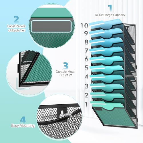 Gawerk 10-Tier Wall File Organizer Hanging Wall File Holder Wall Mount Paper Folder Organize, Mesh Magazine Document Mail Organizer Wall Organizer for Office School Home, Black - Image 3