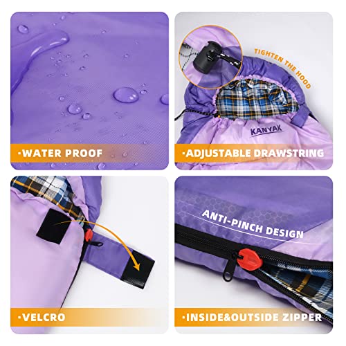 KANYAK Water-Resistant Portable Purple Sleeping Bag for Adults Teens and Kids, Perfect Outdoor Companion for 3-4 Season Hiking，Hunting，Camping and Backpacking - Image 3