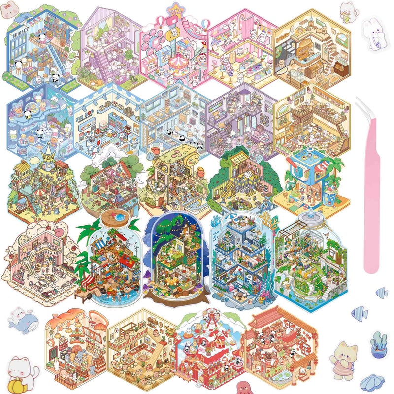 FUVLIFE 24 Sets 3D Sticker Scene Sticker Therapy DIY Kawaii 3D Stickers for Adults Build Your Own Scene Stickers Collection Cozy Room Cute Miniature House Shop Relief Stress Pass the Time - Image 2
