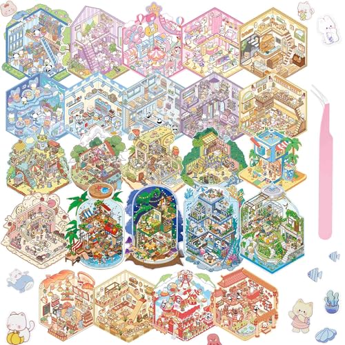 FUVLIFE 24 Sets 3D Sticker Scene Sticker Therapy DIY Kawaii 3D Stickers for Adults Build Your Own Scene Stickers Collection Cozy Room Cute Miniature House Shop Relief Stress Pass the Time - Image 1