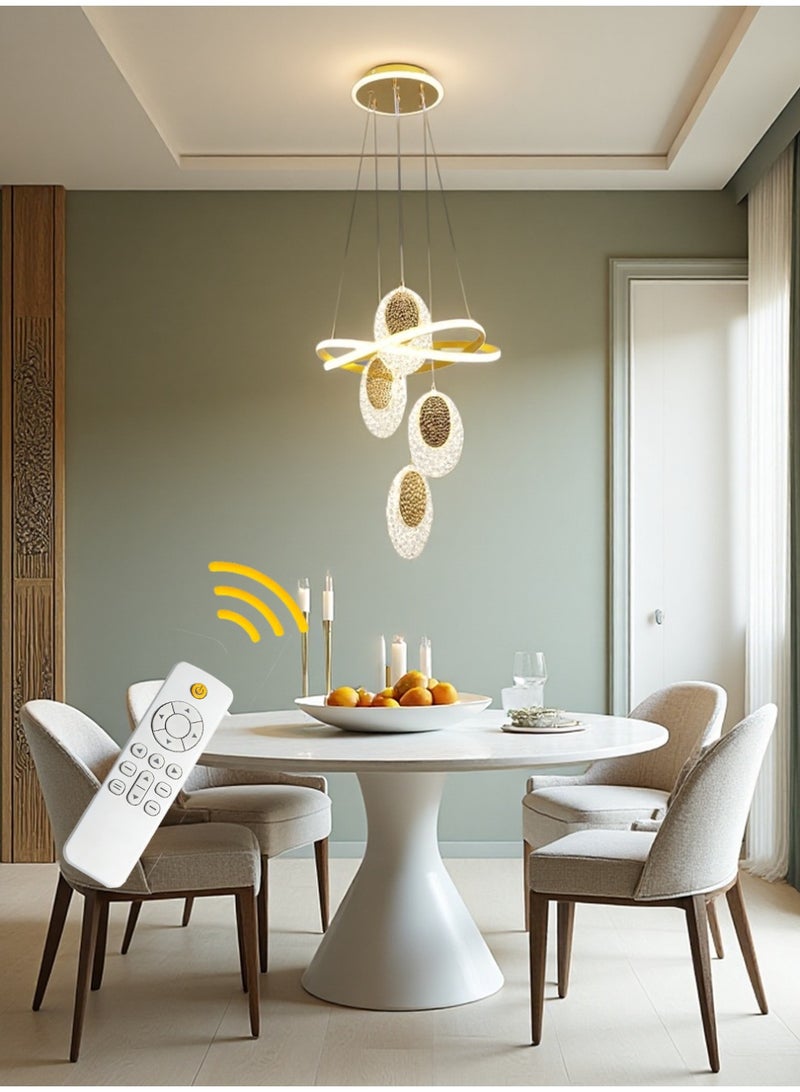 An LED pendant light with 4 elliptical lamp heads, offering three lighting colors to choose from, adjustable in height, and supporting remote control. Suitable for restaurants, bedrooms, living rooms and public activity areas. - Image 1