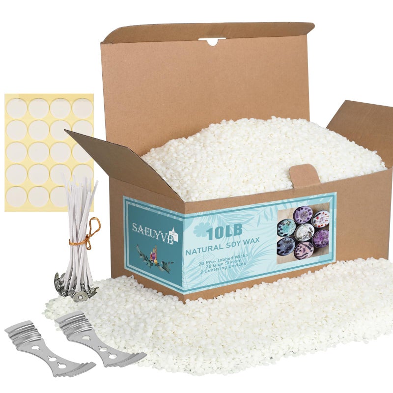 SAEUYVB Natural Soy Candle Wax for Candle Making, 10lb Bag, Premium Granular Soy Wax, 20 Cotton Candle Wicks, 20 Wick Stickers and 2 Centering Devices-Perfect as Christmas Home Decoration - Image 1