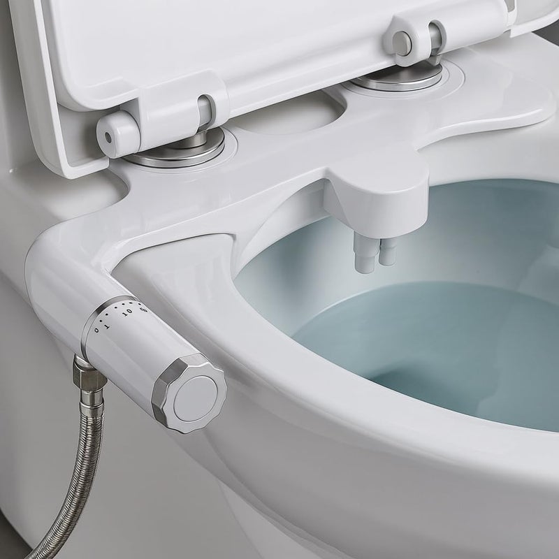 mesterbath ملحق بيديت للمرحاض | بيديت غير كهربائي مع فوهتين (أمامية وخلفية) | رش بيديت ذاتي التنظيف | رش بيديت قابل للتعديل للمرحاض، أبيض - Image 1