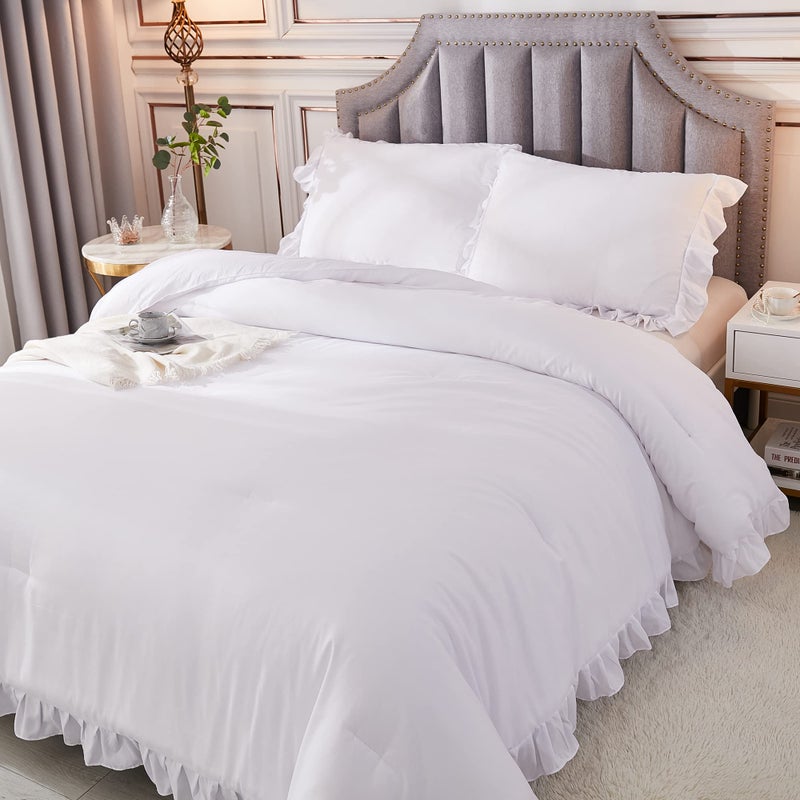 Andency White King Size Comforter Set, 3 Pieces Solid Farmhouse Shabby Chic Bedding Comforters & Sets, All Season Western Rustic Soft Down Alternative Bed Set for Adult Men Women - Image 3