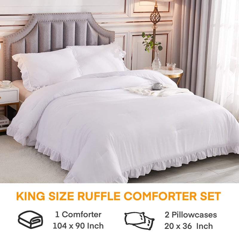 Andency White King Size Comforter Set, 3 Pieces Solid Farmhouse Shabby Chic Bedding Comforters & Sets, All Season Western Rustic Soft Down Alternative Bed Set for Adult Men Women - Image 2