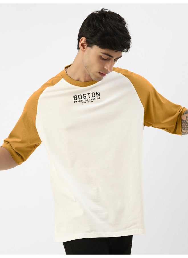 Maniac Mens Printed Round Neck raglan 3/4th Sleeve White and Mustard Cotton Oversized Tshirt  - Image 4