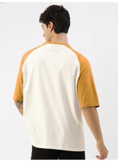 Maniac Mens Printed Round Neck raglan 3/4th Sleeve White and Mustard Cotton Oversized Tshirt  - Image 2