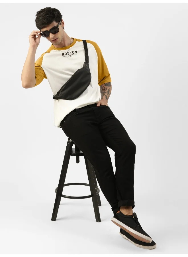 Maniac Mens Printed Round Neck raglan 3/4th Sleeve White and Mustard Cotton Oversized Tshirt
