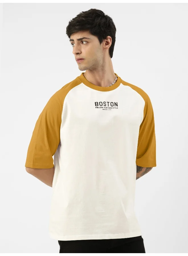 Maniac Mens Printed Round Neck raglan 3/4th Sleeve White and Mustard Cotton Oversized Tshirt