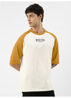 Maniac Mens Printed Round Neck raglan 3/4th Sleeve White and Mustard Cotton Oversized Tshirt  - Image 3