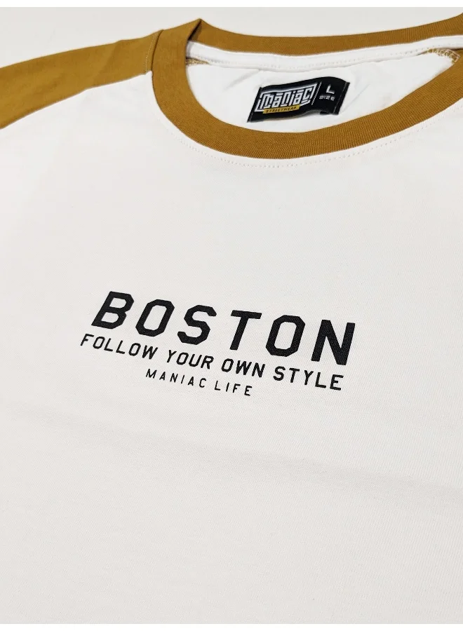 Maniac Mens Printed Round Neck raglan 3/4th Sleeve White and Mustard Cotton Oversized Tshirt