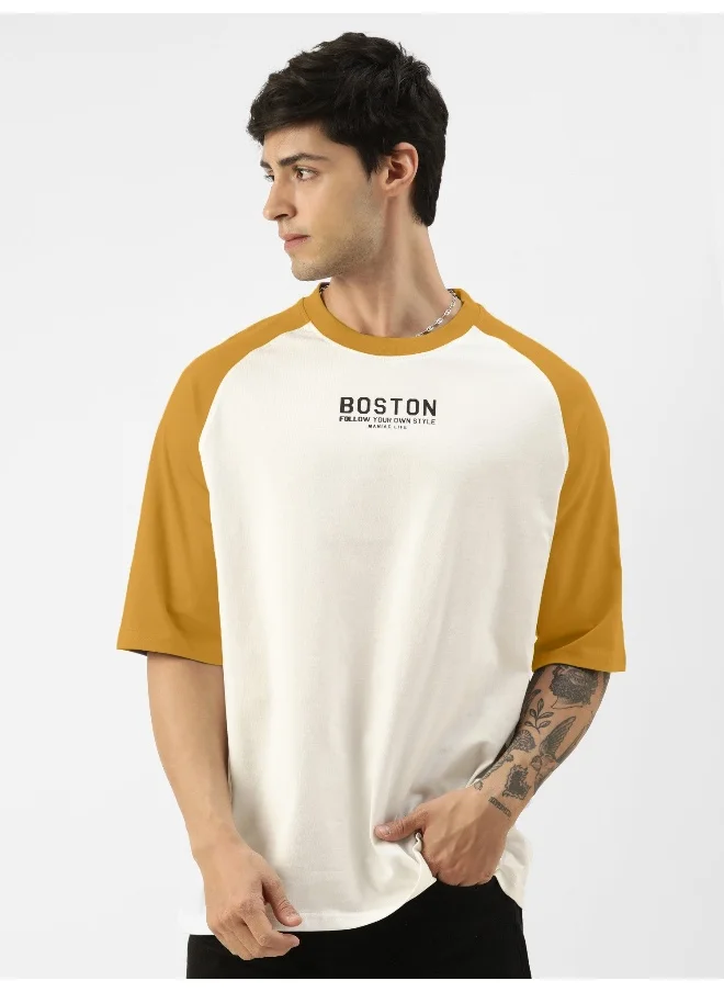 Maniac Mens Printed Round Neck raglan 3/4th Sleeve White and Mustard Cotton Oversized Tshirt