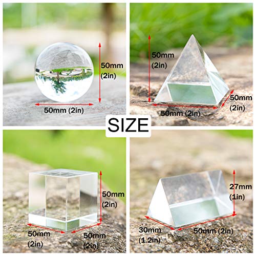 QFkris 4 Pack K9 Optical Crystal Photography Prism Set, Include 50mm Crystal Ball, 50mm Crystal Cube, 50mm Triangular Prism, 50mm Optical Pyramid with Wiper Cloth and Box, Photography Accessory for Teaching - Image 2