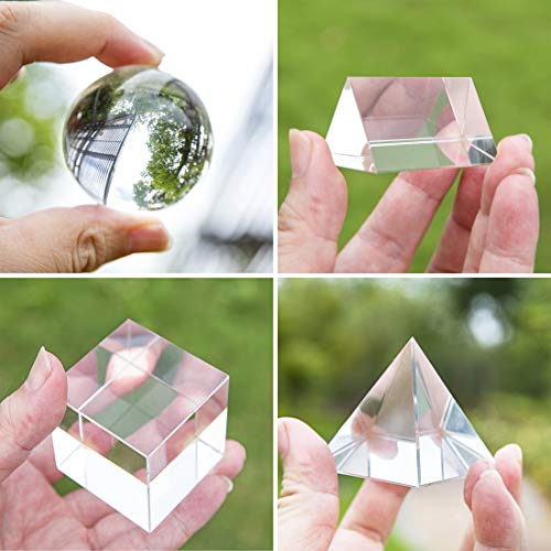 QFkris 4 Pack K9 Optical Crystal Photography Prism Set, Include 50mm Crystal Ball, 50mm Crystal Cube, 50mm Triangular Prism, 50mm Optical Pyramid with Wiper Cloth and Box, Photography Accessory for Teaching - Image 4