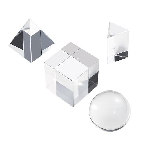 QFkris 4 Pack K9 Optical Crystal Photography Prism Set, Include 50mm Crystal Ball, 50mm Crystal Cube, 50mm Triangular Prism, 50mm Optical Pyramid with Wiper Cloth and Box, Photography Accessory for Teaching - Image 1