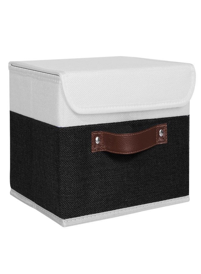 ANMINY Storage Boxes with Lids Washable Decorative Storage Bins Basket with PU Leather Handle Foldable Linen Fabric Storage Cubes Containers for Home Closet Organizer - Black White, Small Size - Image 1