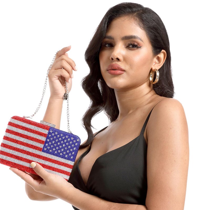 Boutique De FGG The American National Flag Crystal Clutch Purse for Women Evening Bags Party Chain Shoulder Handbags,Mini,Square - Image 5