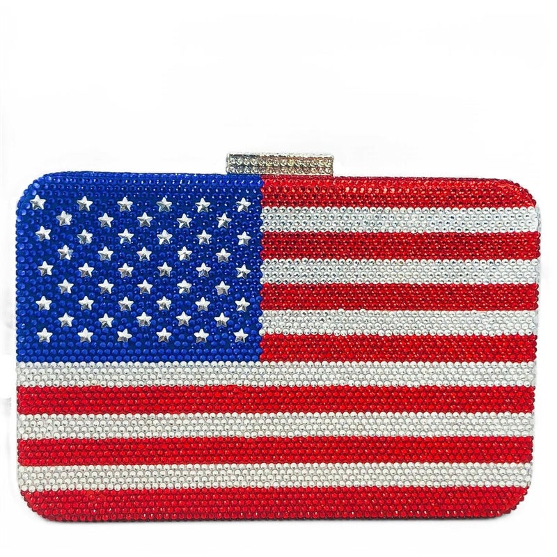 Boutique De FGG The American National Flag Crystal Clutch Purse for Women Evening Bags Party Chain Shoulder Handbags,Mini,Square - Image 1