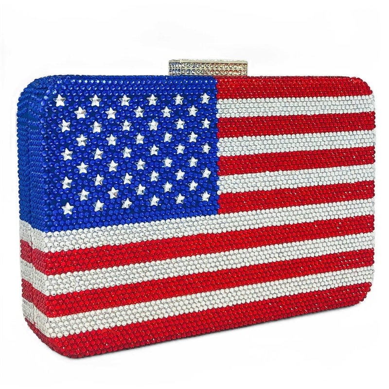 Boutique De FGG The American National Flag Crystal Clutch Purse for Women Evening Bags Party Chain Shoulder Handbags,Mini,Square - Image 2