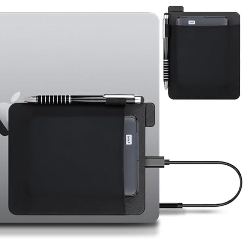 Portable External Hard Drive Sleeve for Laptop, Stick on Pouch Holder with Reusable Adhesive, Fit 2.5 Seagate, WD, Toshiba, LaCie External HDD, SSD, Wireless Mouse, Cables, with Pen Loop, Black - Image 1