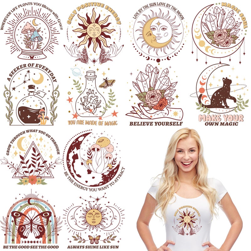 EoBeCy 12 Sheets Bohemian Iron on Transfers for T-Shirts, Inspirational DTF Transfers Ready to Press Heat Transfers Vinyl, Iron on Patches Decals for Clothing Pillow Bag DIY Crafts - Image 1
