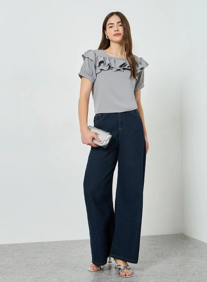 Styli Grey Ruffled Detail Short Sleeve Blouse