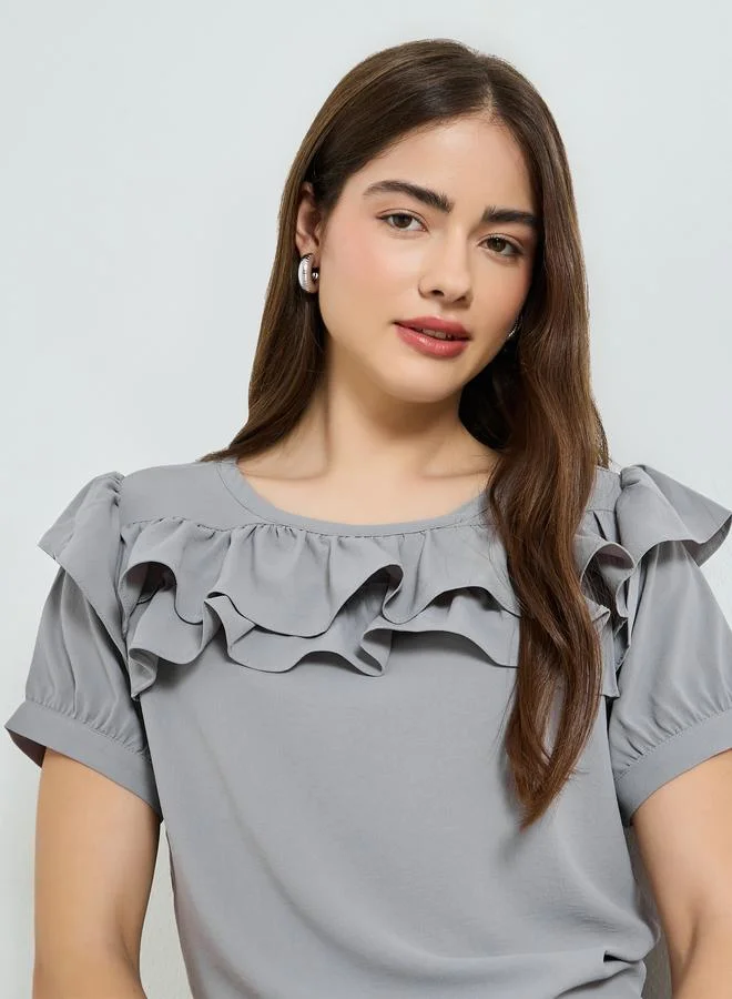 Styli Grey Ruffled Detail Short Sleeve Blouse