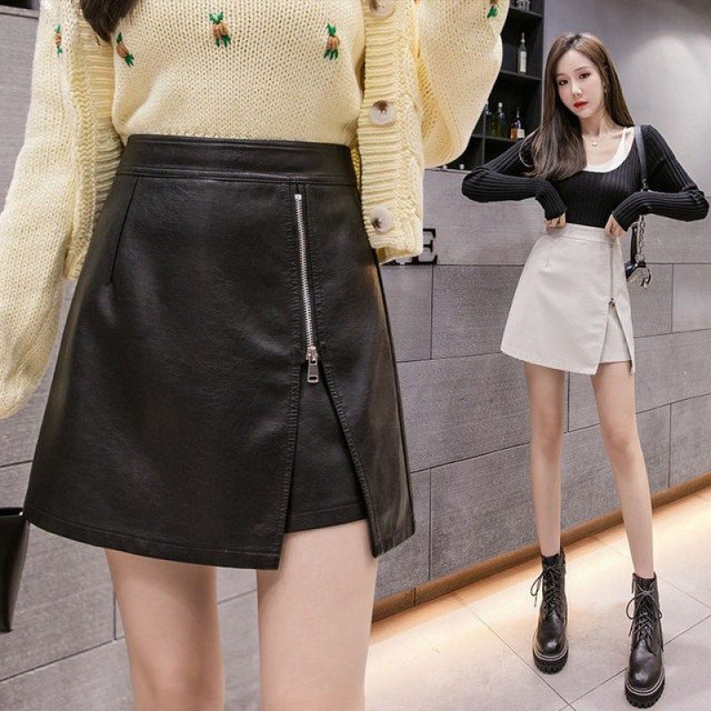 Leather Short Skirt Womens Spring and Summer 2023 New Fashion High Waist Black Zipper Split Hip Skirt Winter Sweater Creamy-white - Image 2