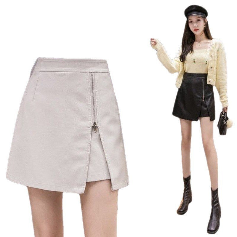 Leather Short Skirt Womens Spring and Summer 2023 New Fashion High Waist Black Zipper Split Hip Skirt Winter Sweater Creamy-white - Image 5