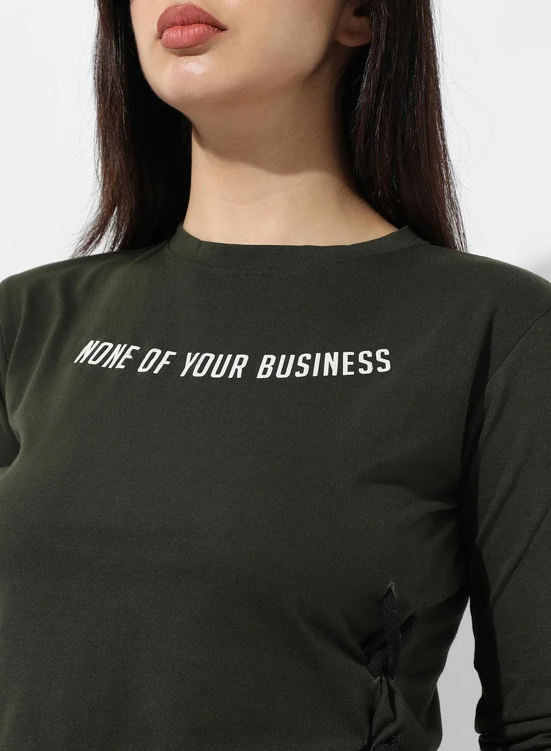Campus Sutra Women's Forest Green Typographic Print Top