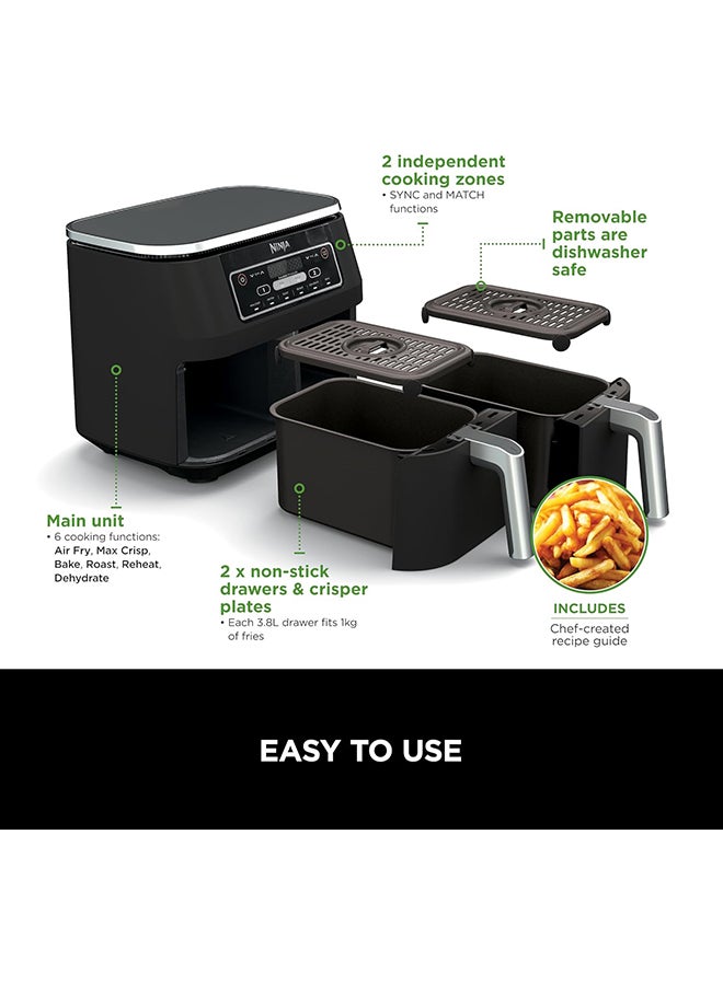 Ninja Foodi Dual Zone Digital Air Fryer, 2 Drawers, 7.6L, 6-In-1, Uses No Oil, Air Fry, Max Crisp, Roast, Bake, Reheat, Dehydrate, Cooks 4-6 Portions, Non-Stick, Dishwasher Safe Baskets 7.6 L 2470 W AF300ME/AF300EU Black - Image 2