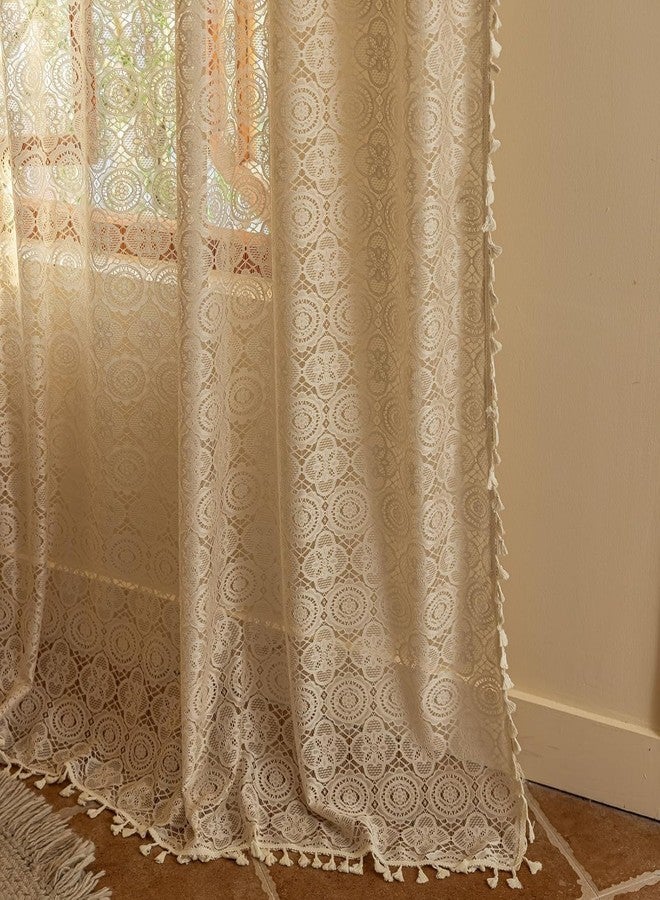 YJ YANJUN ستائر YJ YANJUN بيج شفافة بطول 80 بوصة لغرفة المعيشة، قطعتان، ستائر دانتيل كروشيه أنيقة، ستائر شبه شفافة بنمط ريفي بوهيمي، عرض 59 × طول 80 بوصة، لون بيج فاتح/كريمي. - Image 5