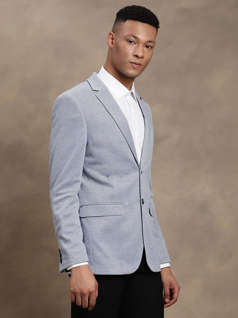 Turtle Men Knitted Notch Lapel Collar Light Blue Single Breasted Casual Blazer - Image 4