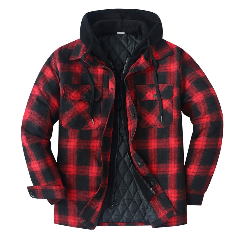 ZENTHACE Mens Flannle Jacket with Hood Quilted Lined Plaid Flannel Jackets for Men Hooded Flannel Shirt Red L - Image 1