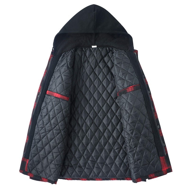 ZENTHACE Mens Flannle Jacket with Hood Quilted Lined Plaid Flannel Jackets for Men Hooded Flannel Shirt Red L - Image 5
