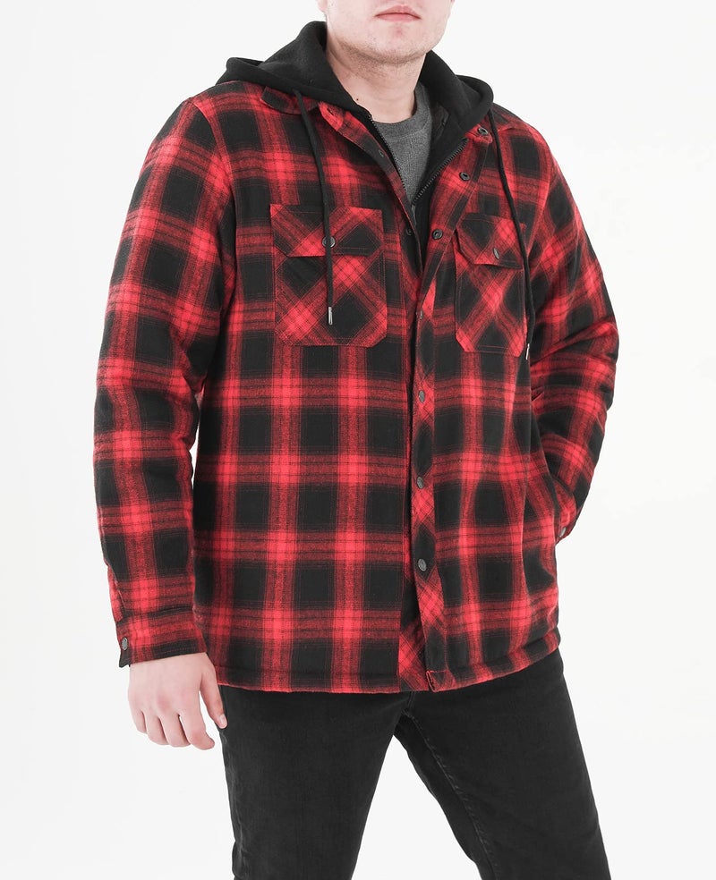 ZENTHACE Mens Flannle Jacket with Hood Quilted Lined Plaid Flannel Jackets for Men Hooded Flannel Shirt Red L - Image 2
