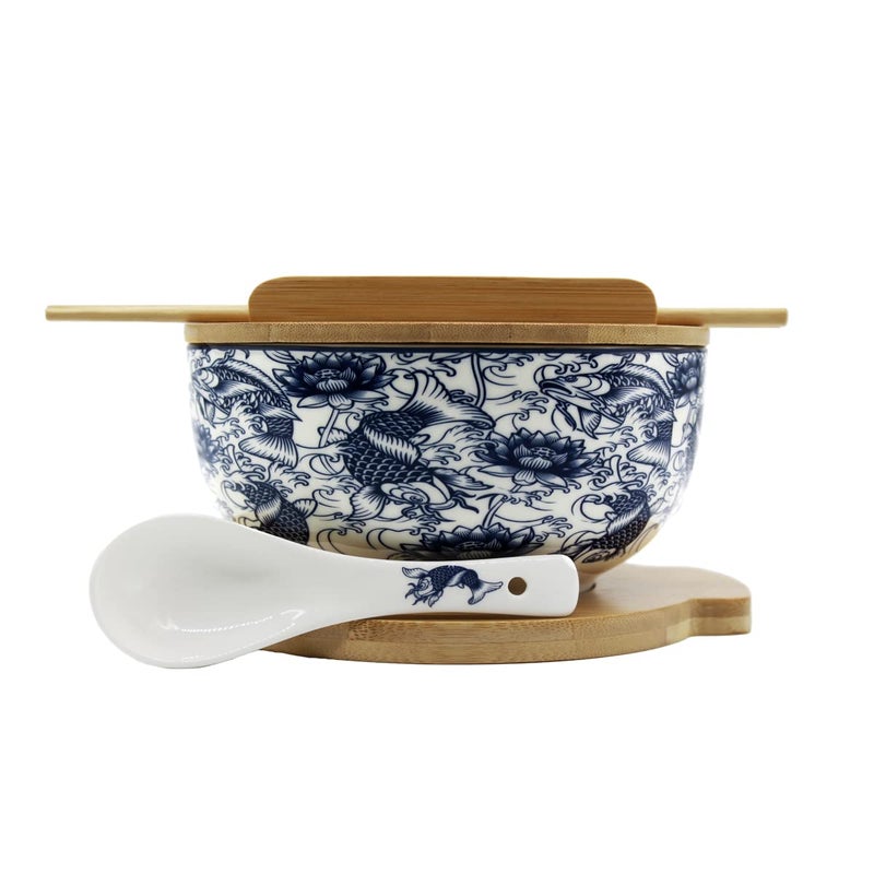 XWORLD Japanese Ceramic Ramen Noodle Bowls Set with Ceramic Spoon Bamboo Chopsticks Lid  Trivet Serving Capacity of 338 OZ Microwavable Oven Safety 33 x 66 D Blue Fish