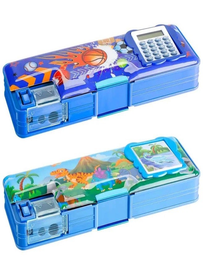 Avenn Magnetic Pencil Box with Calculator and Dual Sharpener, Sports and Dinosaur Theme, Multi Functional Compass Case for Boys and Girls - Multicolor - Image 1