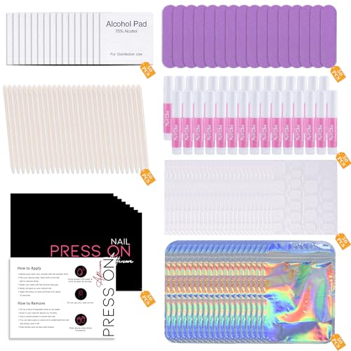 Bebbtiy Press On Nail Tool Kit for Nail Business Nail Prep Application Disposable Kit with Nail File Nail Glue Prep Pads Instruction Card Adhesive Nail Tabs Wood Stick Holographic Bag 50pcs in purple - Image 1